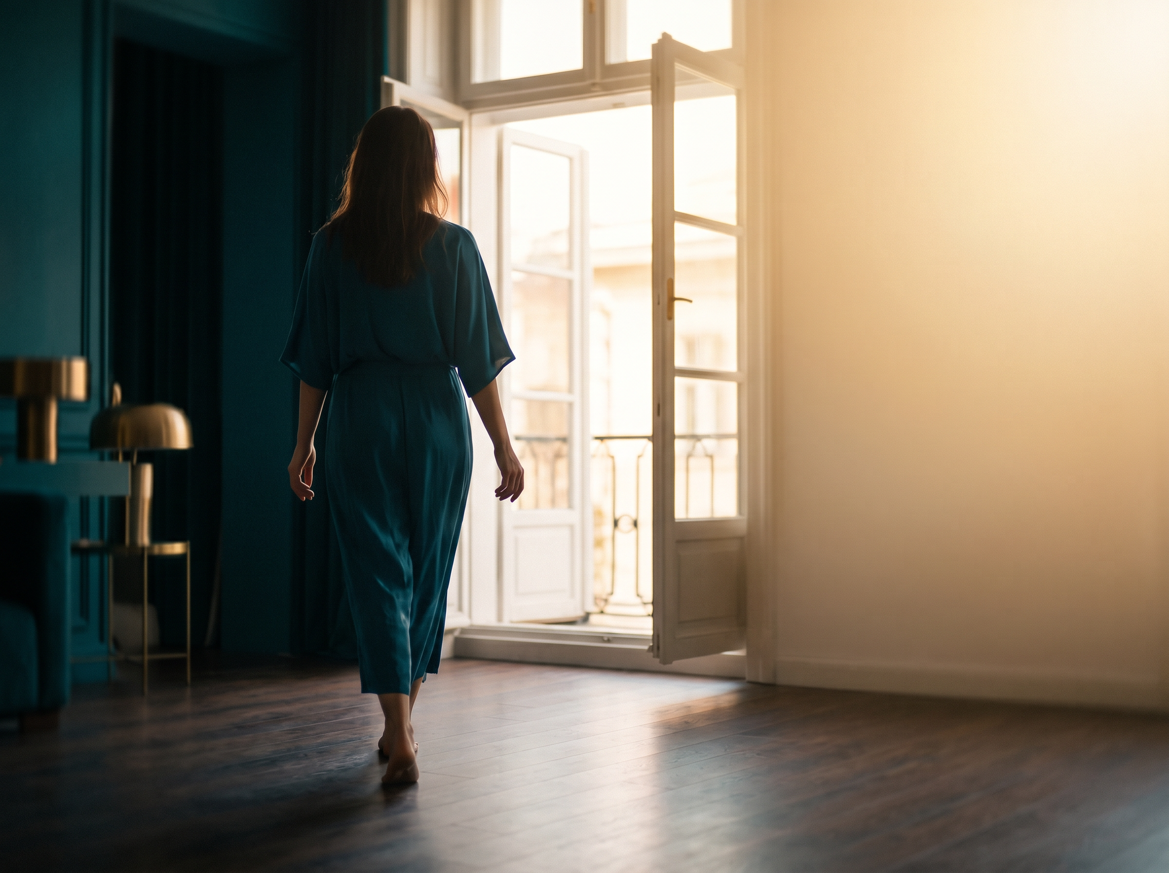 Žena odchází ke světlým dveřím — odchod od bolesti, cesta z propasti ven