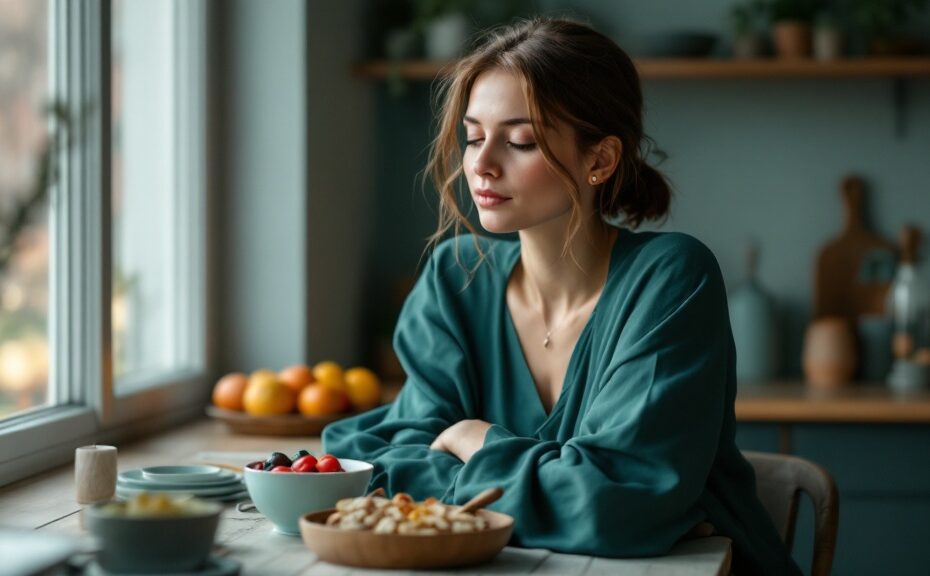 Žena s rukama zkříženýma u stolu se snídaní klidně odmítá, jak se naučit říkat ne
