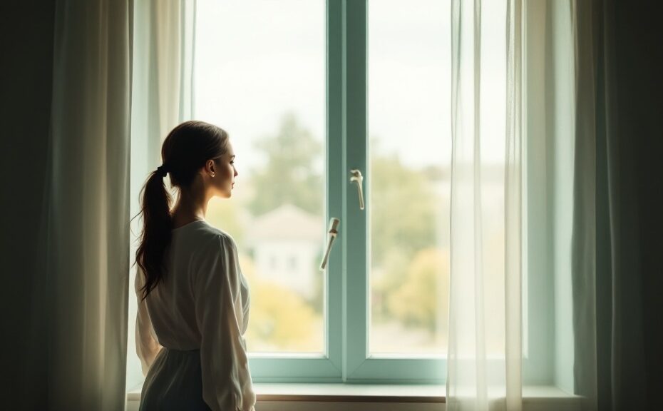 Žena s culíkem stojí u okna se záclonami a dívá se ven, na co ještě čekáš