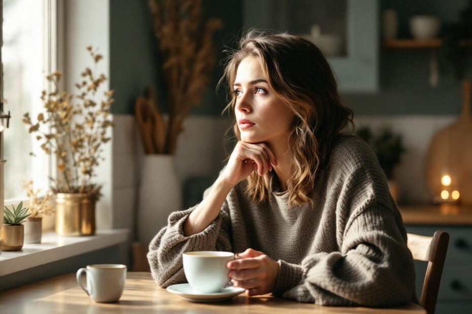 Zamyšlená žena s šálkem u kuchyňského stolu, mozková mlha ze stresu, ne z hormonů