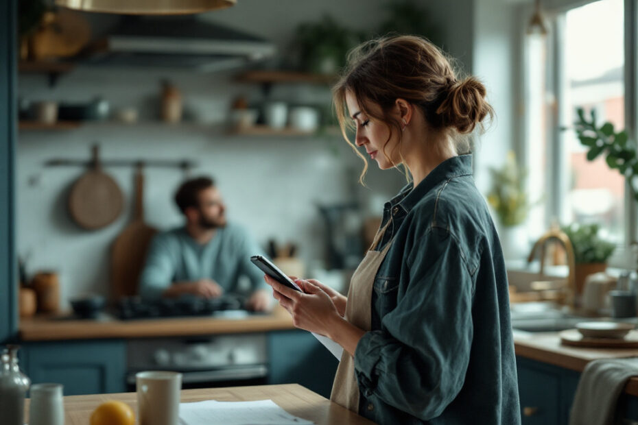 Žena v kuchyni kontroluje telefon a účty, partner sedí v pozadí, vztah jako nejstarší dítě